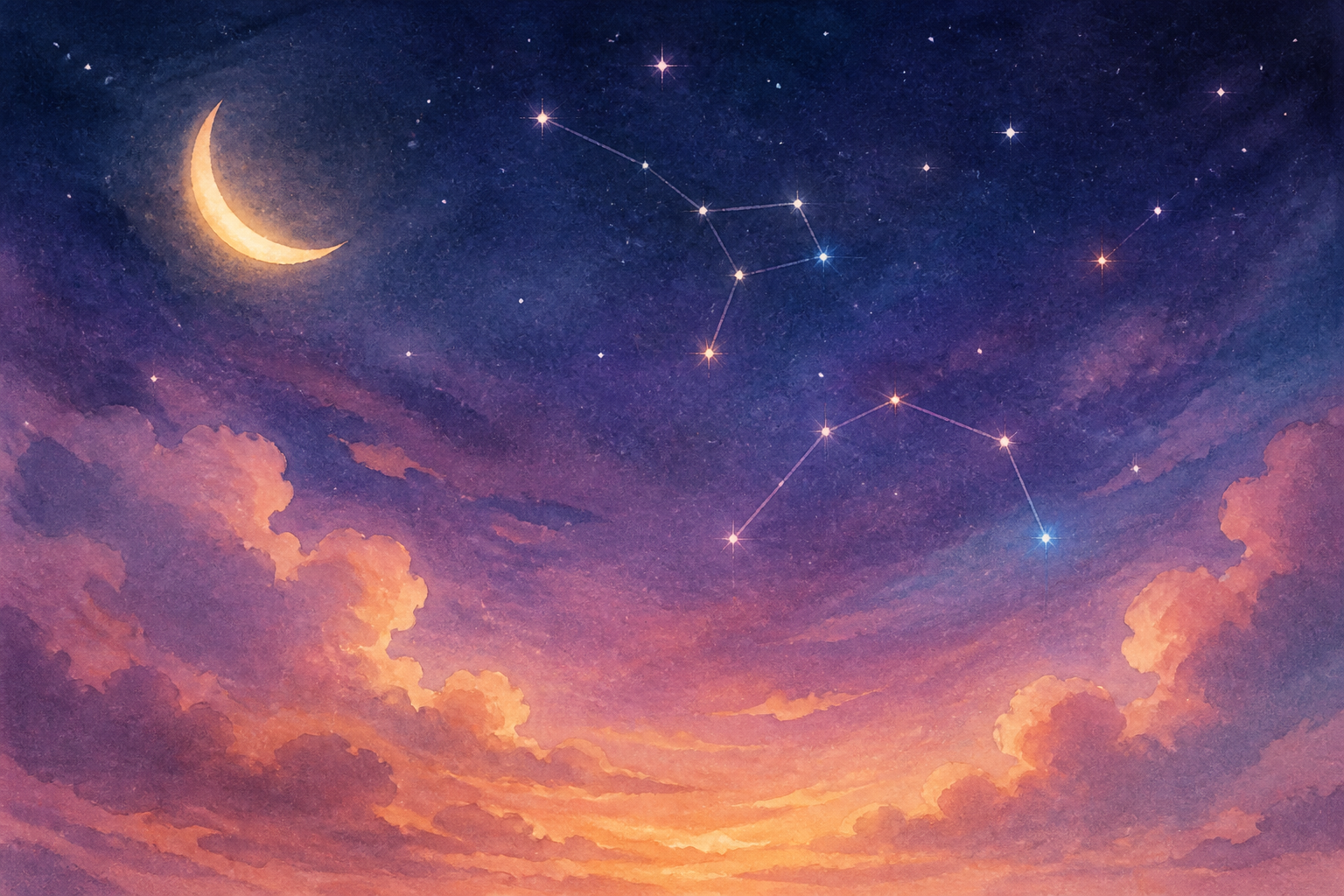 A quiet indigo night sky with a warm crescent moon and soft constellation lines.
