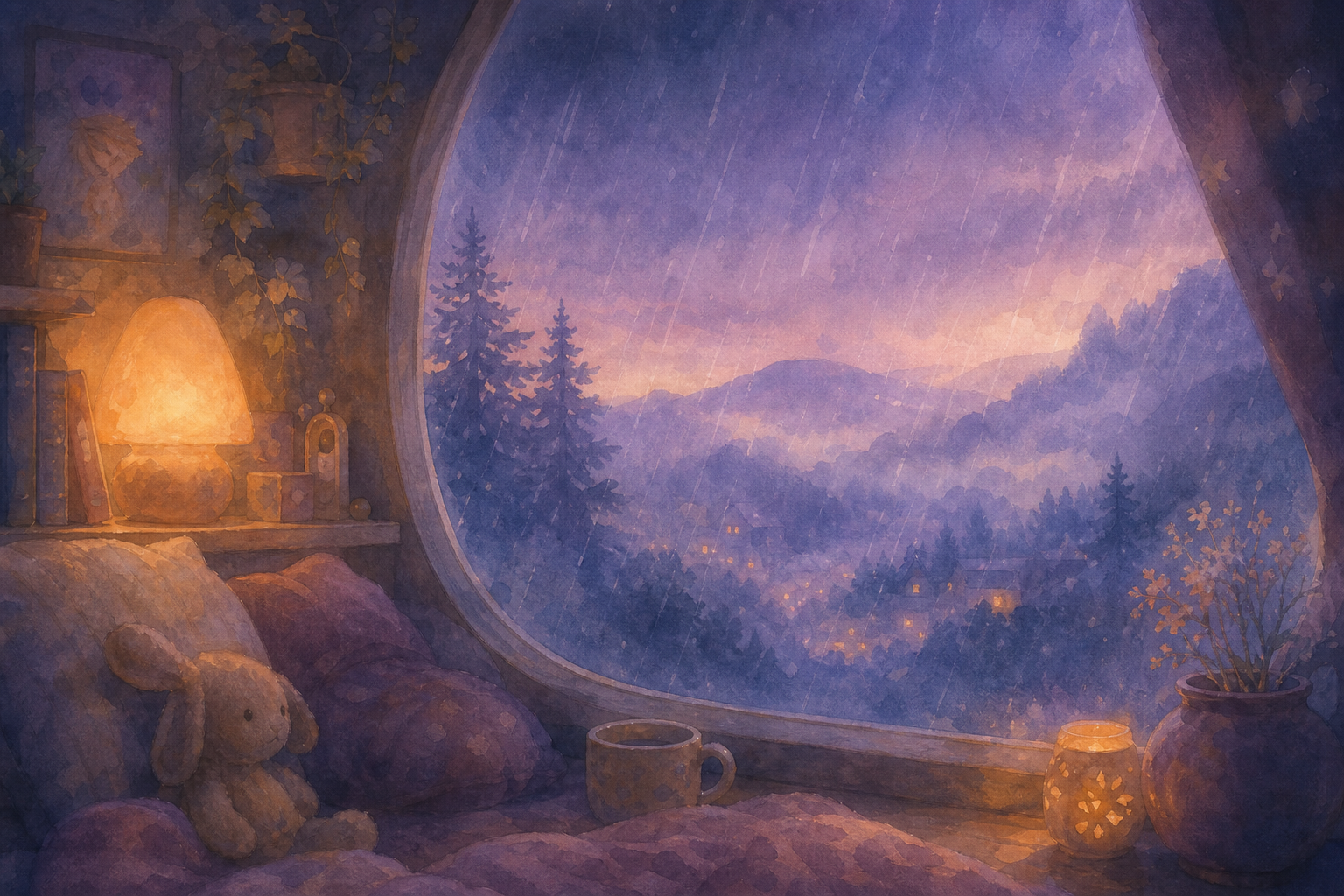 A cozy window on a rainy evening with a soft amber lamp glow and misty lavender hills.