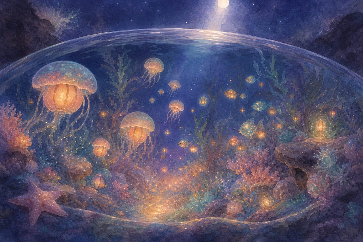 A glass dome at the bottom of a calm indigo sea with softly glowing lantern creatures.
